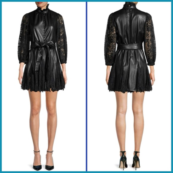 Alice + Olivia Mina Black Vegan Leather Lace Combo Mini Cocktail Dress - Picture 16 of 17